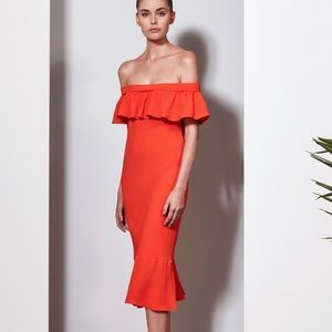veronica beard oleta ruffle red off shoulder midi